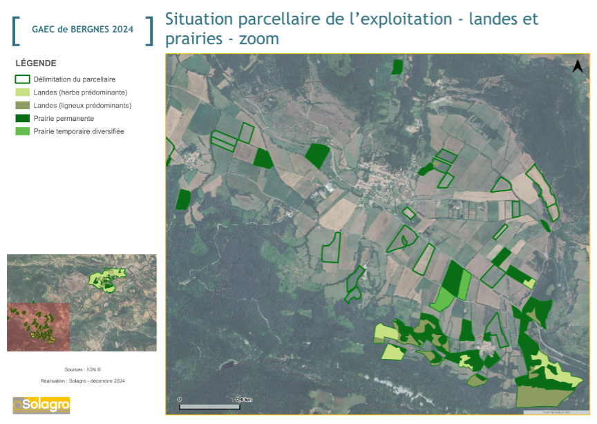 parcellaire situé sur le plateau de Nebias :  Céréales, prairies temporaires et prairies permanentes :  production de fourrage pour l'hiver et pâturage des génisses en été. Source : Solagro