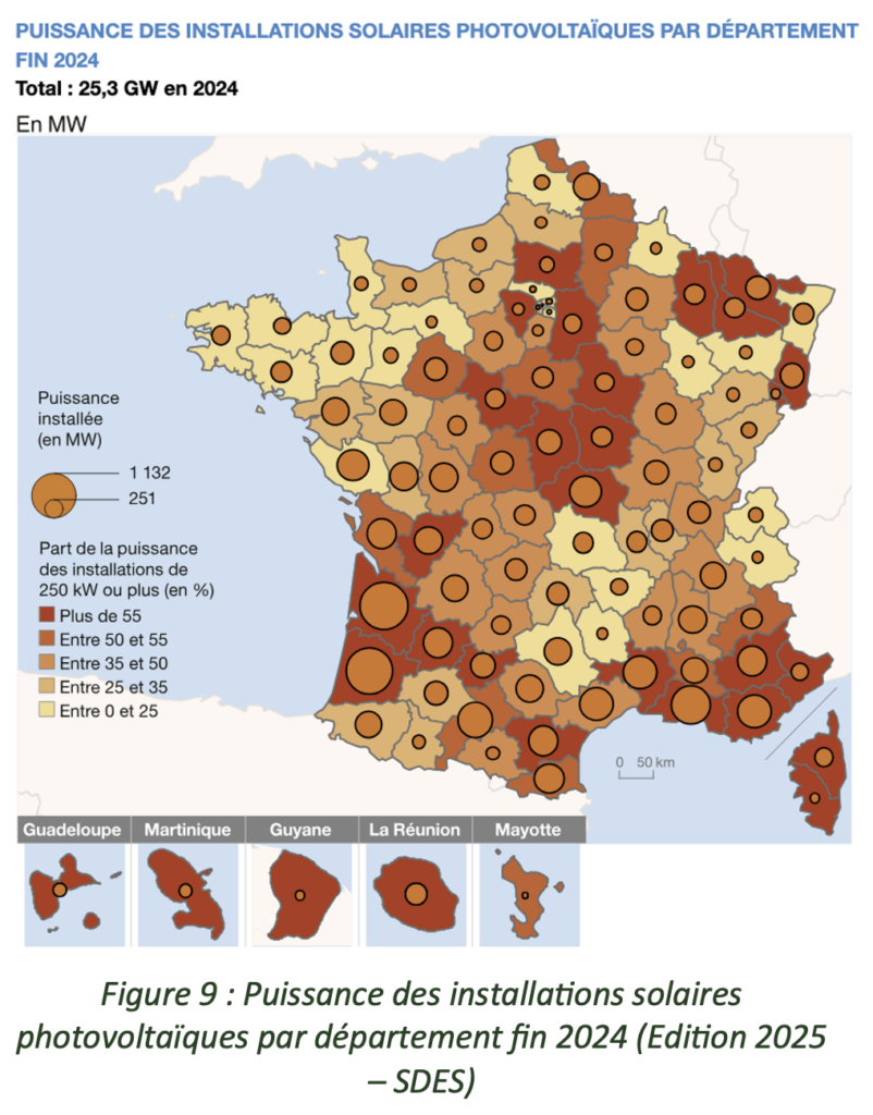 Puissance des installations solaires photovoltaïques par département fin 2024