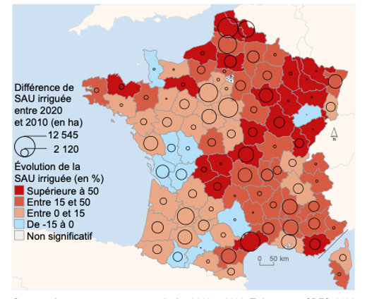 Figure 5. Carte de l'évolution de la surface agricole utile irriguée par département entre 2010 et 2020 (source : Agreste, RA 2010 et 2020. Pages et Parisse, 2010)